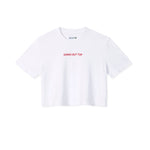 Going Out Top, white cropped tee with GOING OUT TOP printed in red on the front.
