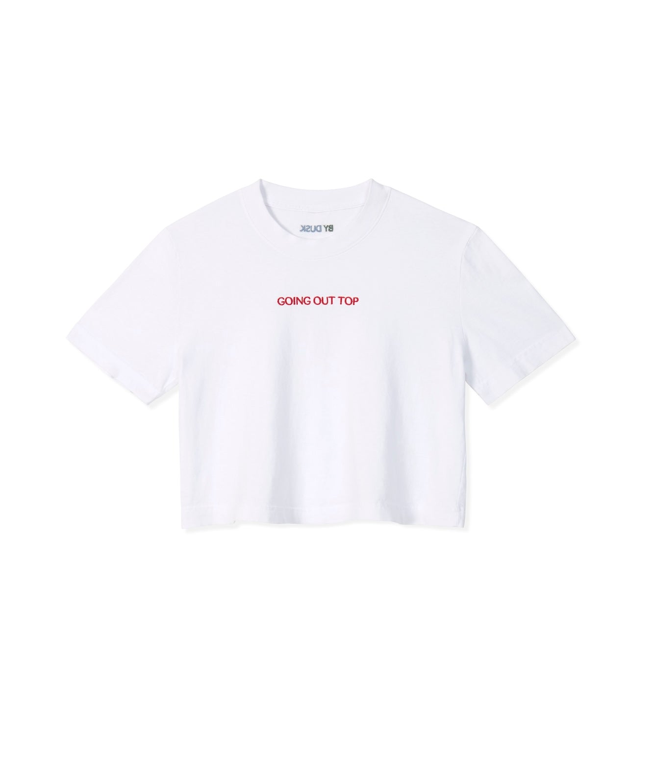 Going Out Top, white cropped tee with GOING OUT TOP printed in red on the front.
